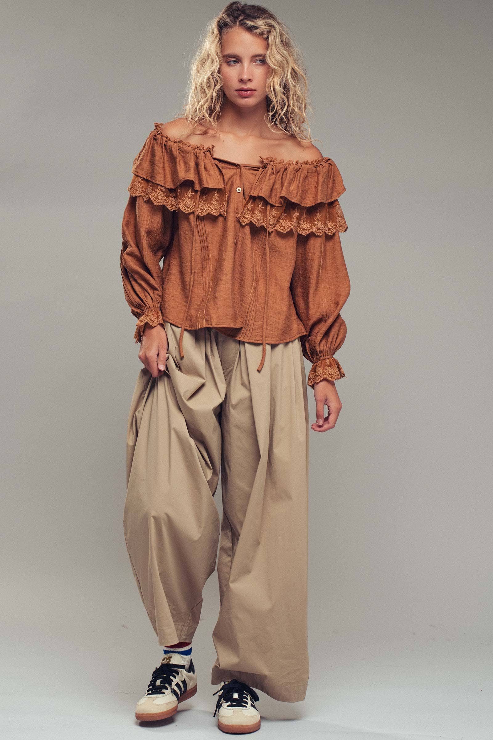 Lace Trim Ruffle Tie Neck Spring Blouse Top