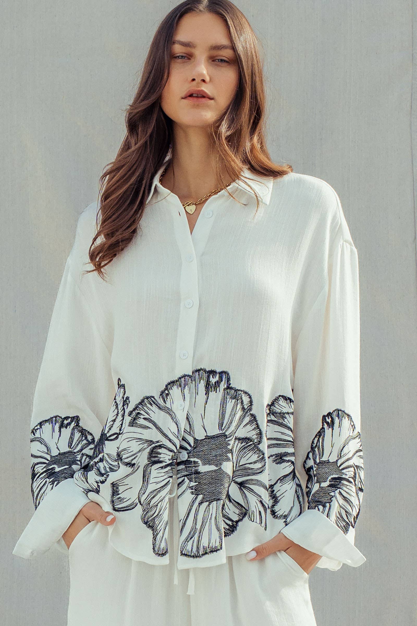 Floral Embroidered Oversized Button Down Shirt