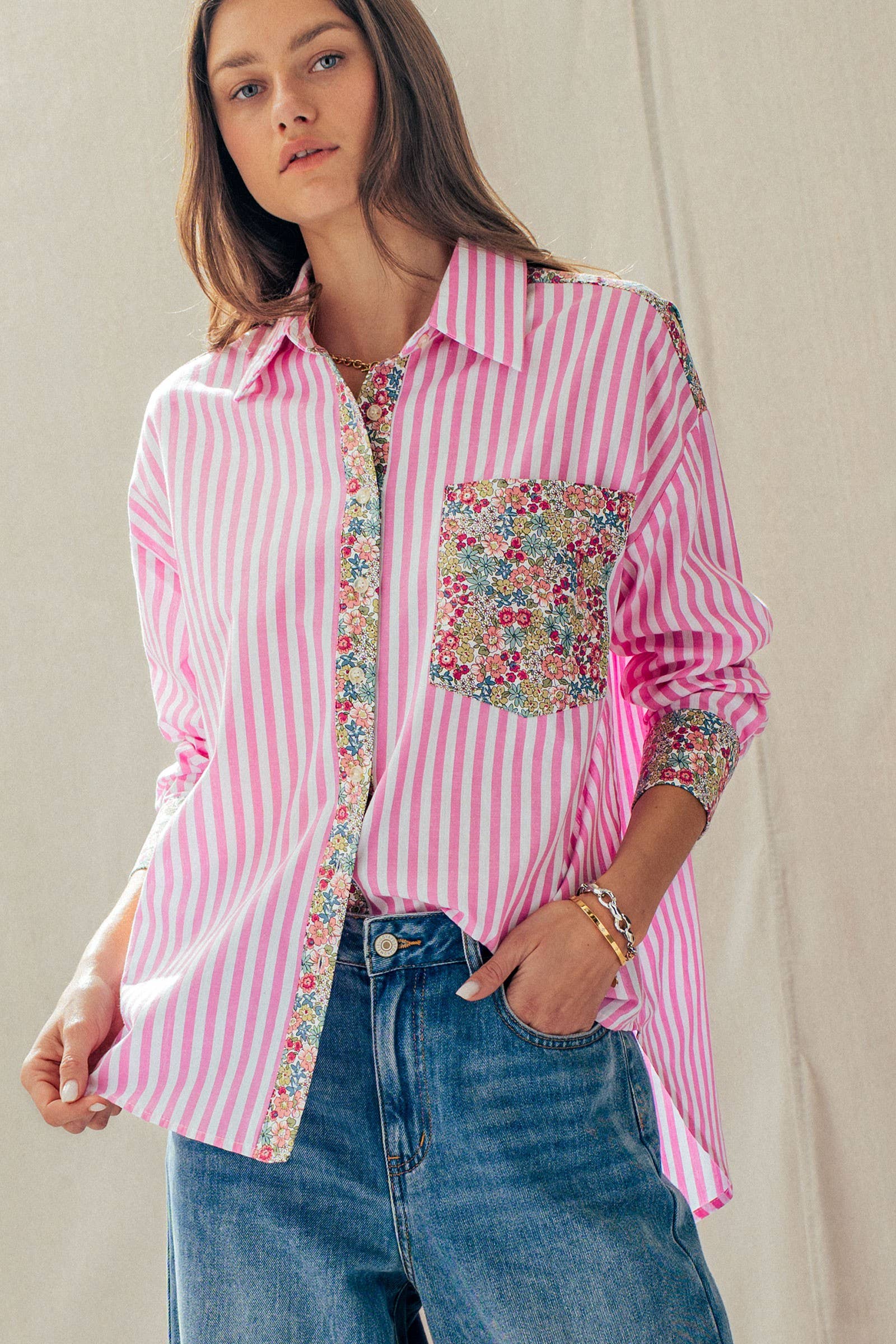 Floral Contrast Mixed Print Striped Shirt