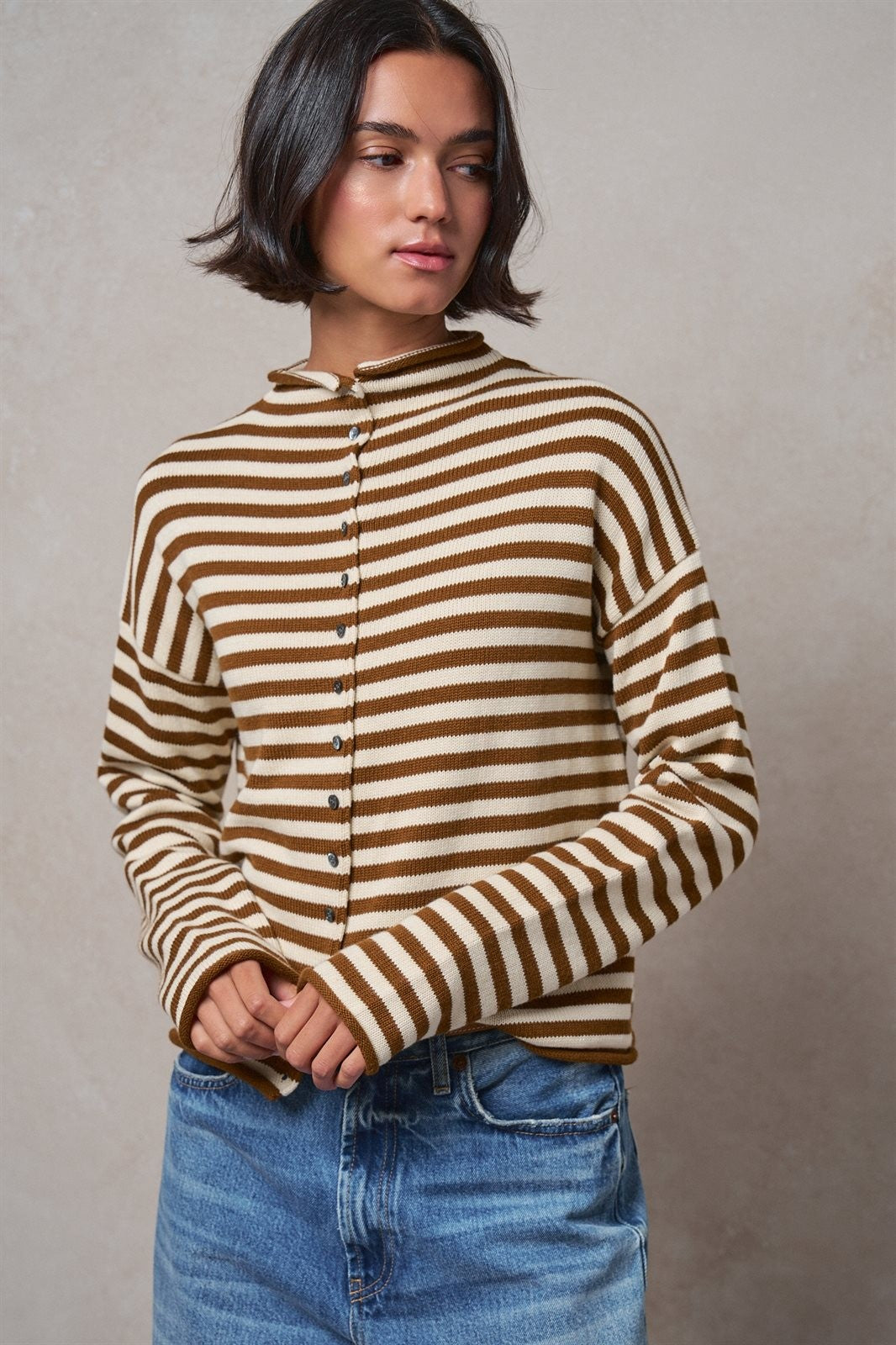 Striped Polo Collar Button Sweater with Rolled Edges in IVORY BROWN - Women's Cardigans & Shrugs | Urban Daizy