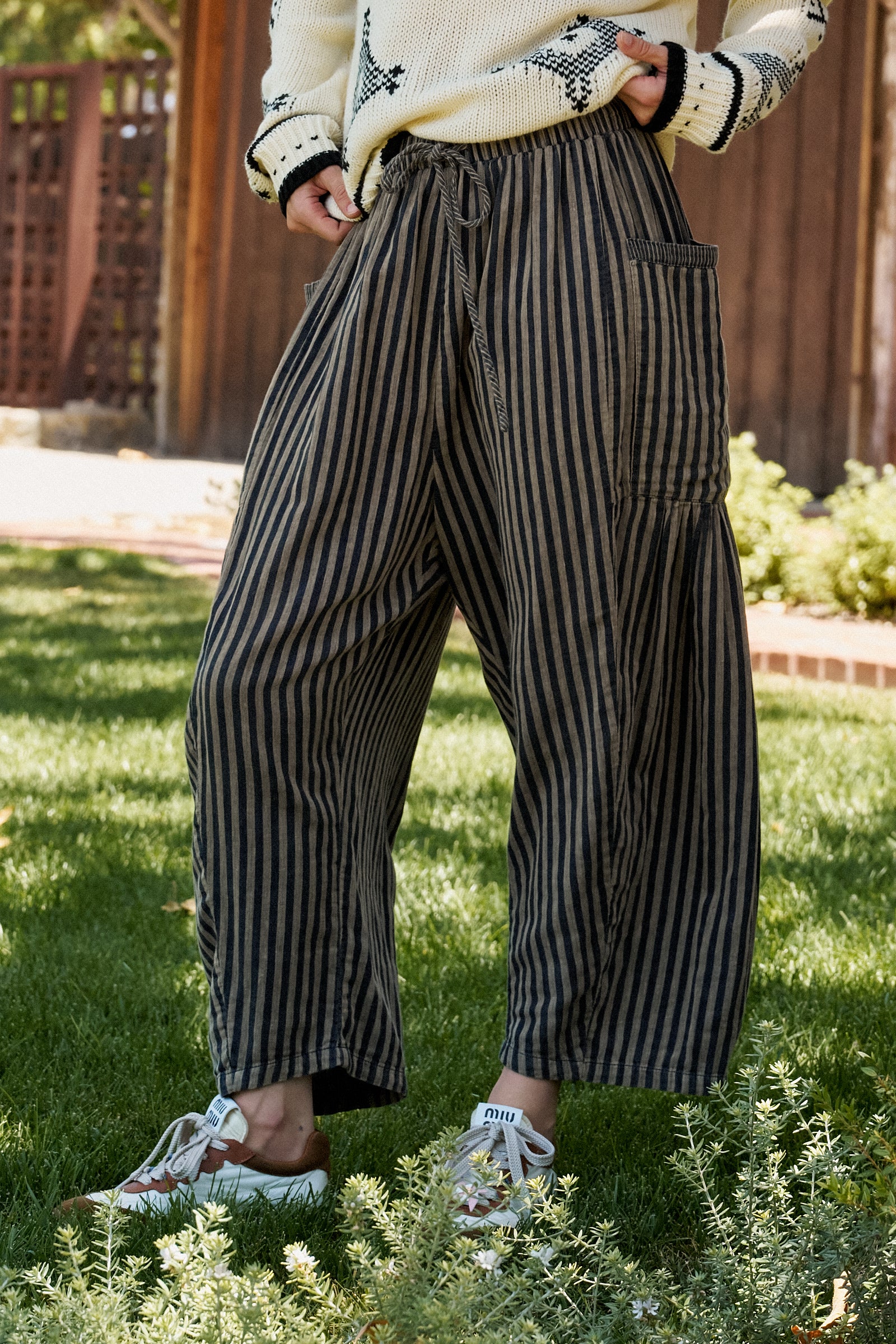 Striped Cotton Drawstring Harem Pants