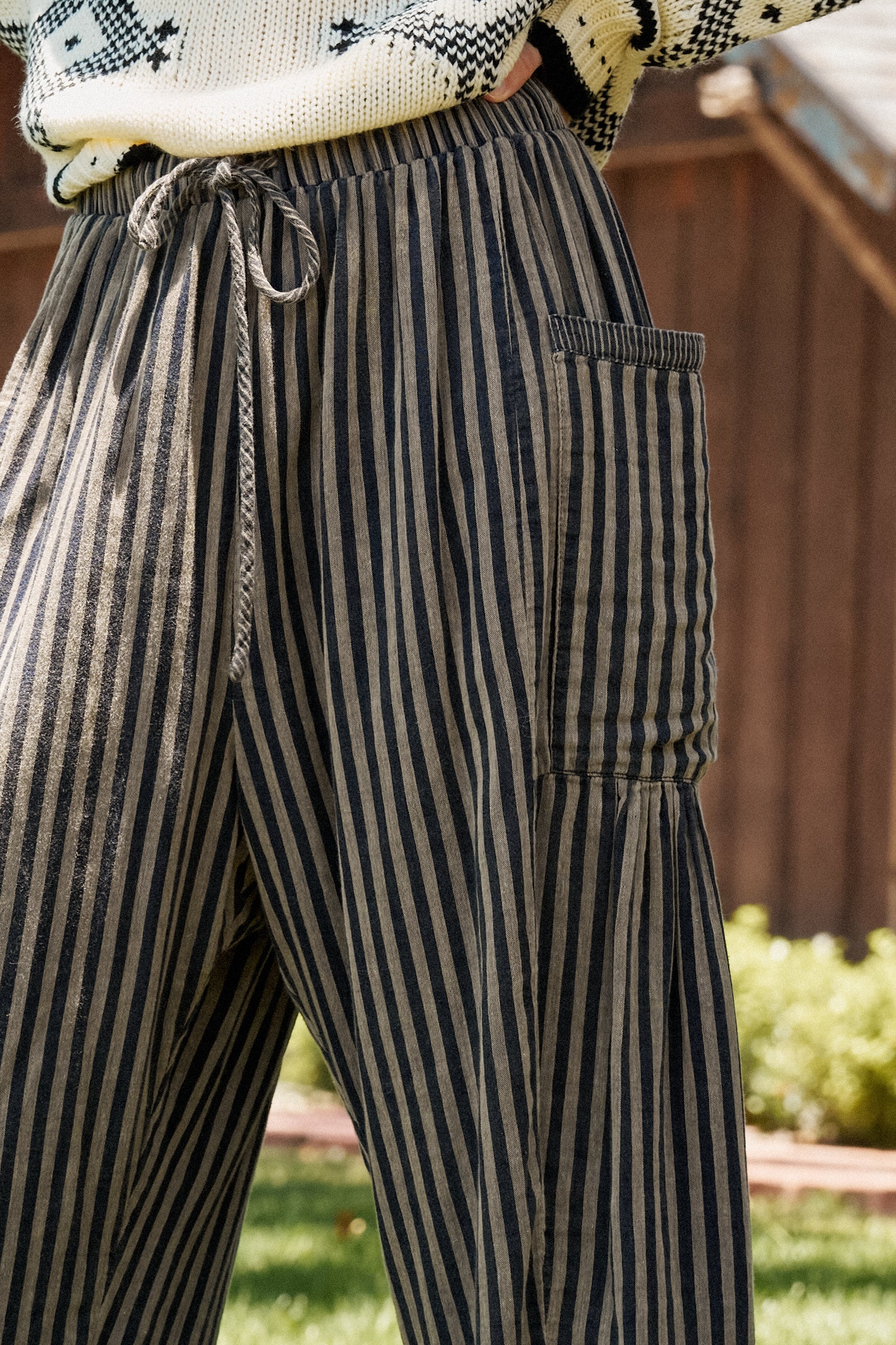 Striped Cotton Drawstring Harem Pants