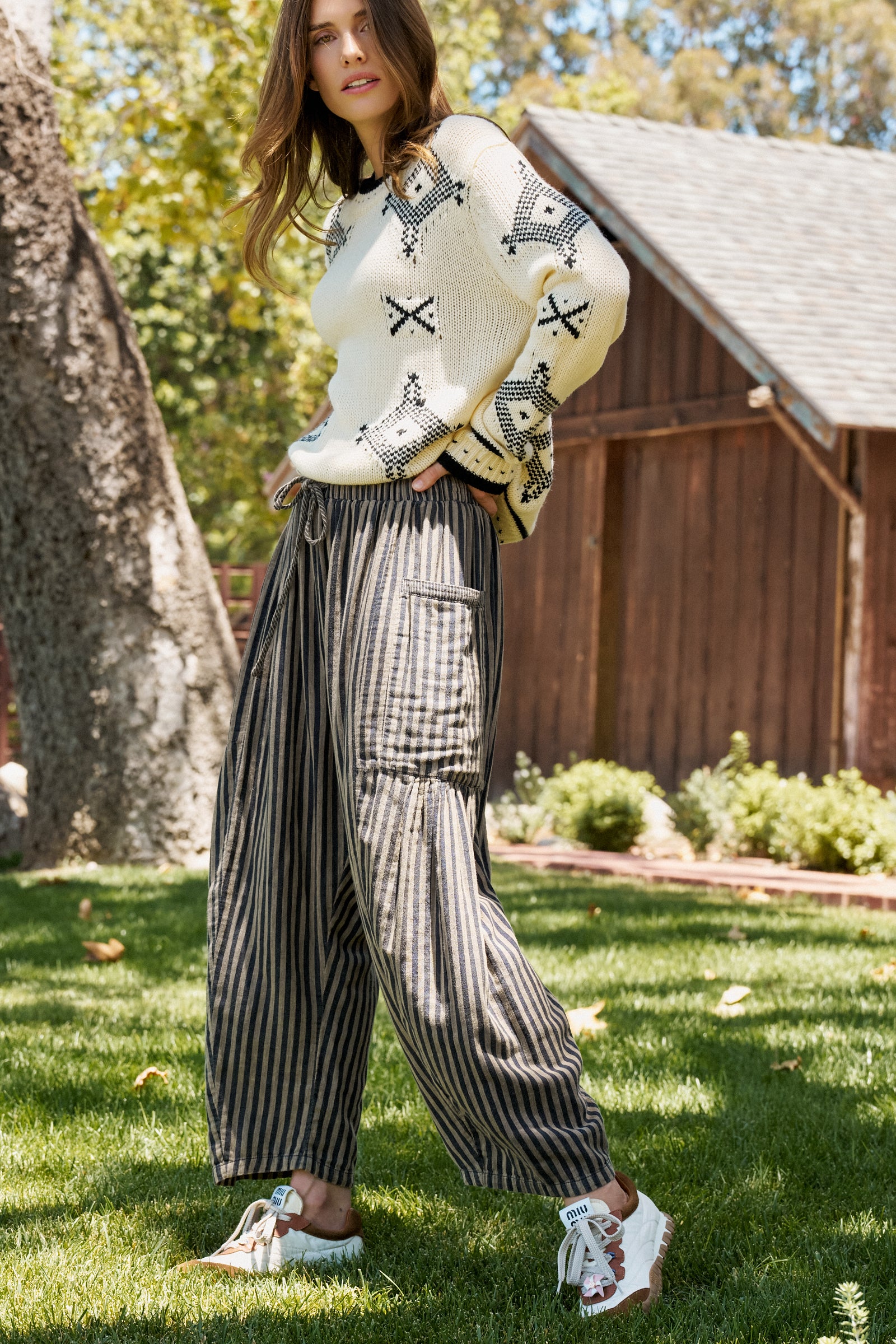 Striped Cotton Drawstring Harem Pants