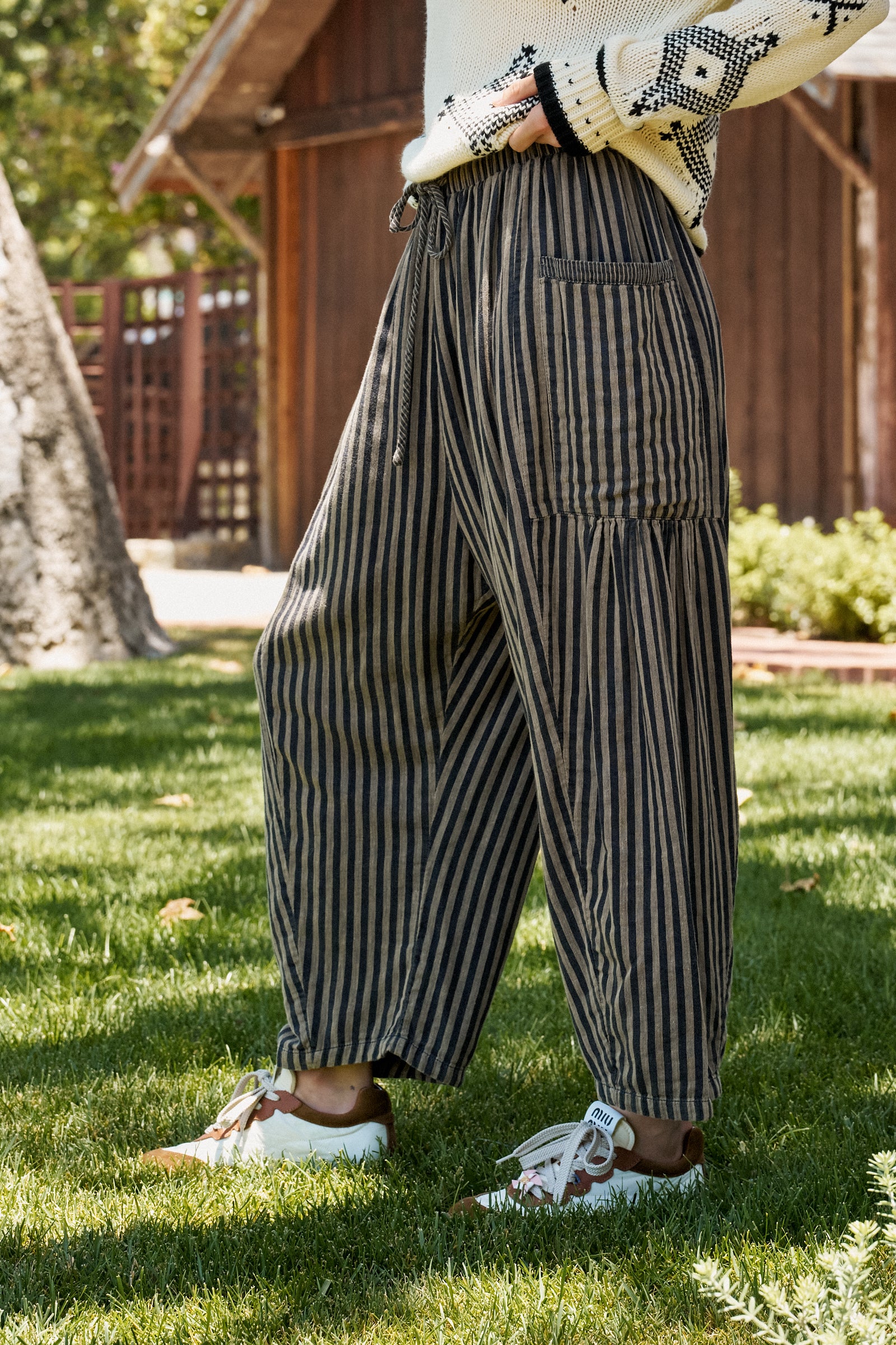 Striped Cotton Drawstring Harem Pants | wholesale pants - women's | Urban Daizy