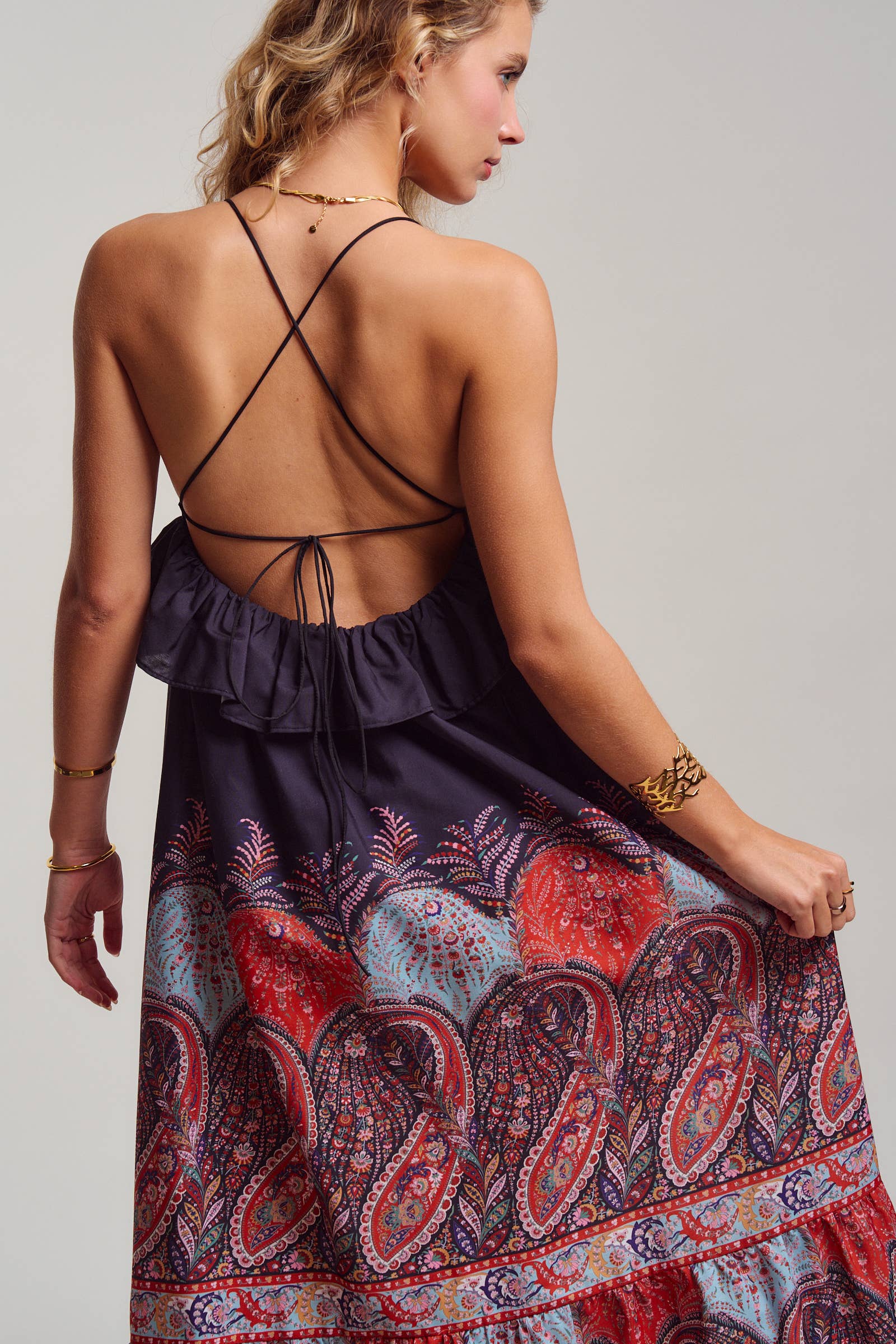 Urban Daizy Paisley Border Print Ruffle Overlay Maxi Dress Black Dress - Women's (UDDR0351-Black) – alternate view 7