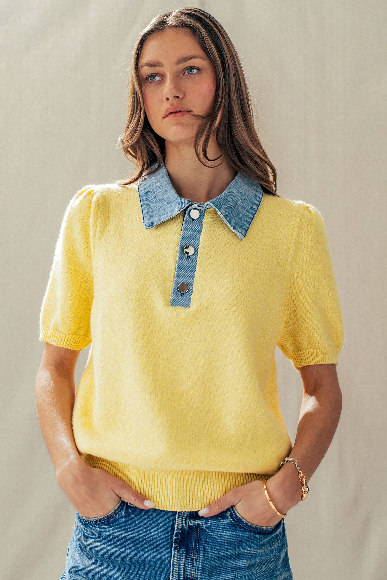 Contrast Denim Collar Knit Sweater Top