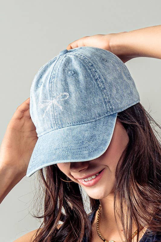 Urban Daizy Crystal Bow Embroidered Denim Baseball Hat Denim Baseball Cap - Women's (UDZ-AC-00115) – alternate view 3