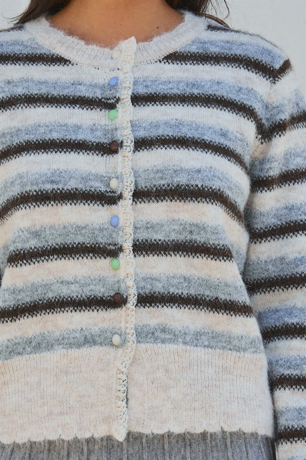 Lace Trim Striped Cardigan Coastal Grandma Preppy for Women in IVORY BROWN - Women's Cardigans & Shrugs | Urban Daizy