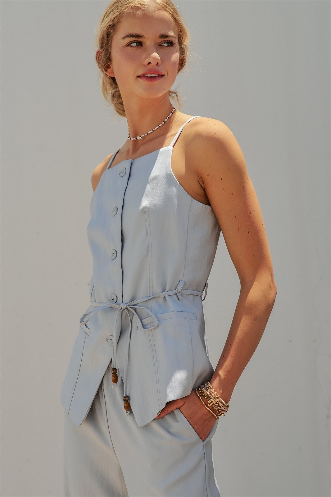 Buttoned Tie-Waist Cami Top in DEW BLUE - Women's Tops | Urban Daizy