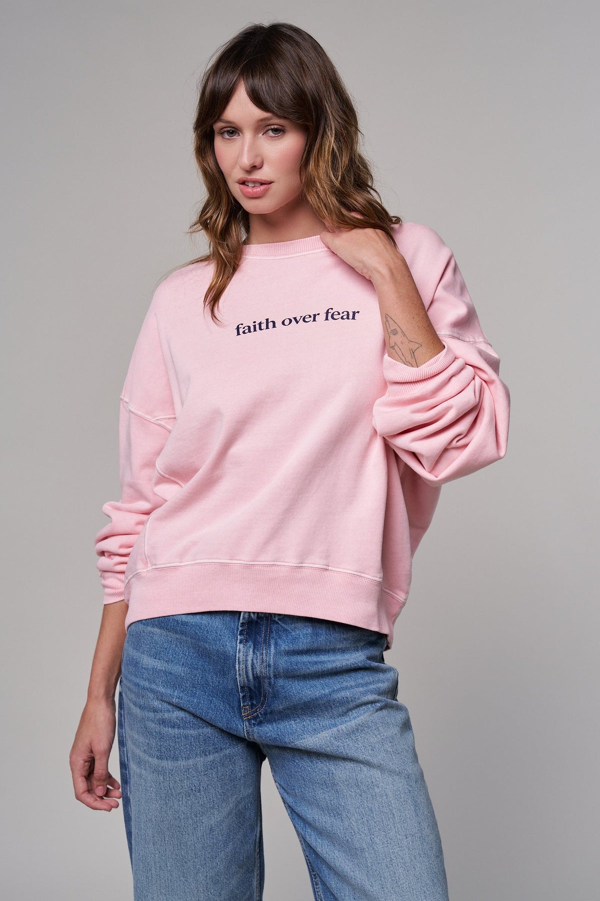 Oversized Graphic Sweatshirt Pigment Wash Cotton Crewneck in PINK CLAY - Women's Sweatshirts & Hoodies | Urban Daizy