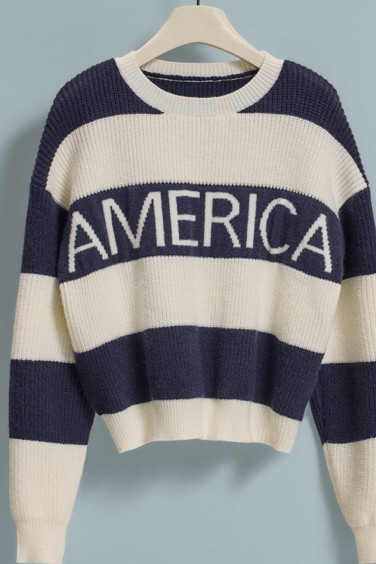 Nantucket America Stripe Crewneck Sweater in IVORY NAVY - Women's Sweaters | Urban Daizy