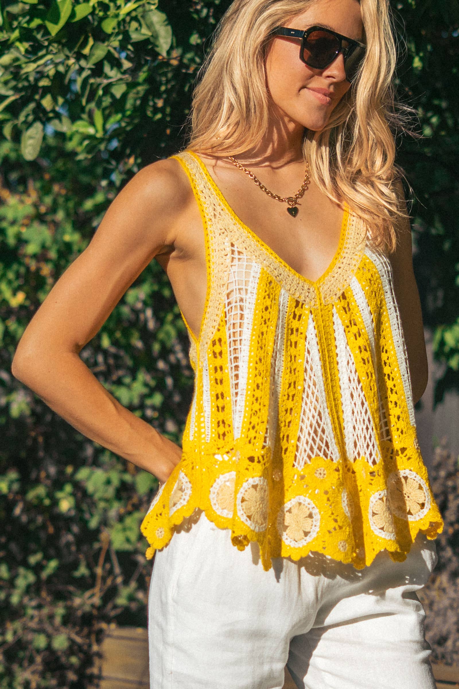 Floral Motif Open-Knit Crochet Tank