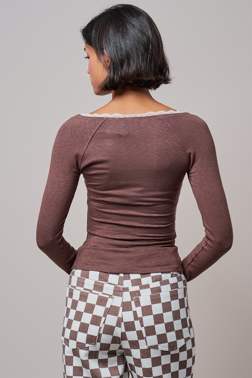 Pretty Little Lace Trim Henley in BROWN - Women's T-Shirts & Polos | Urban Daizy