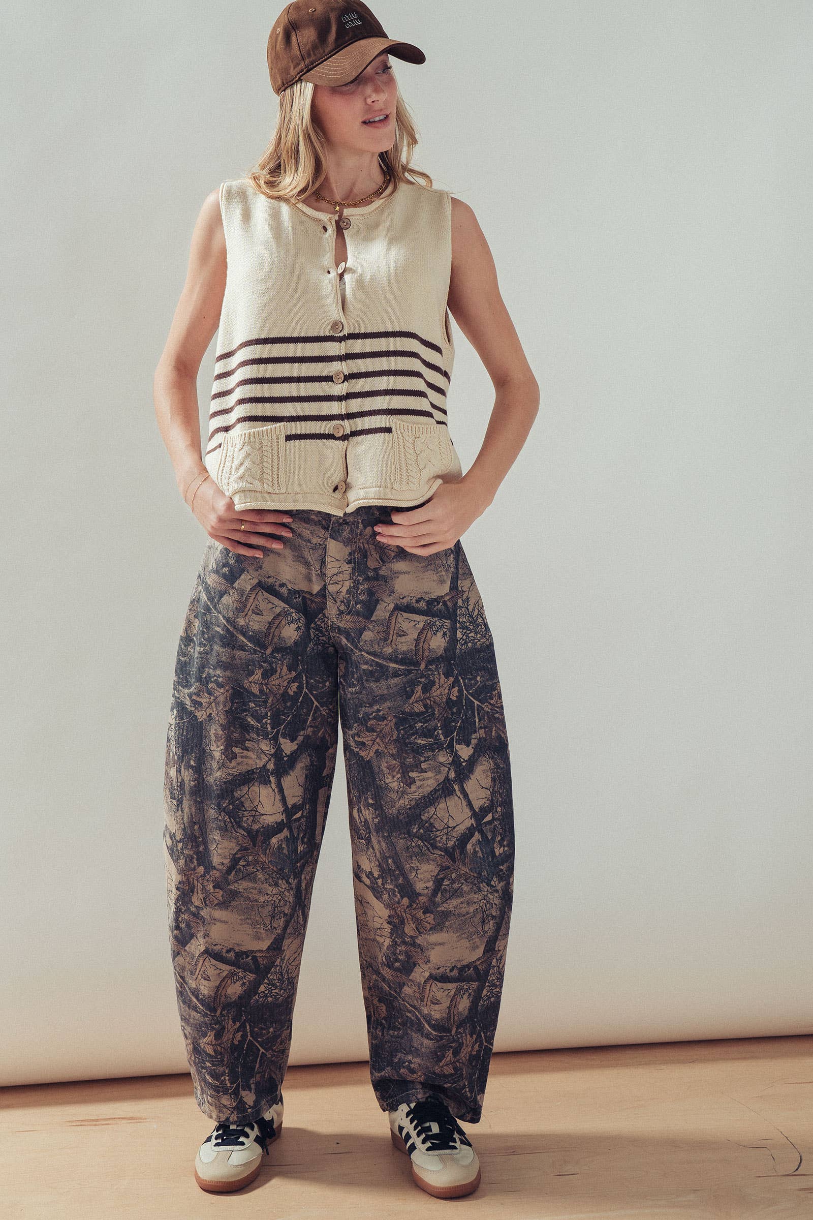 Forest Camo Print Barrel Leg Jeans