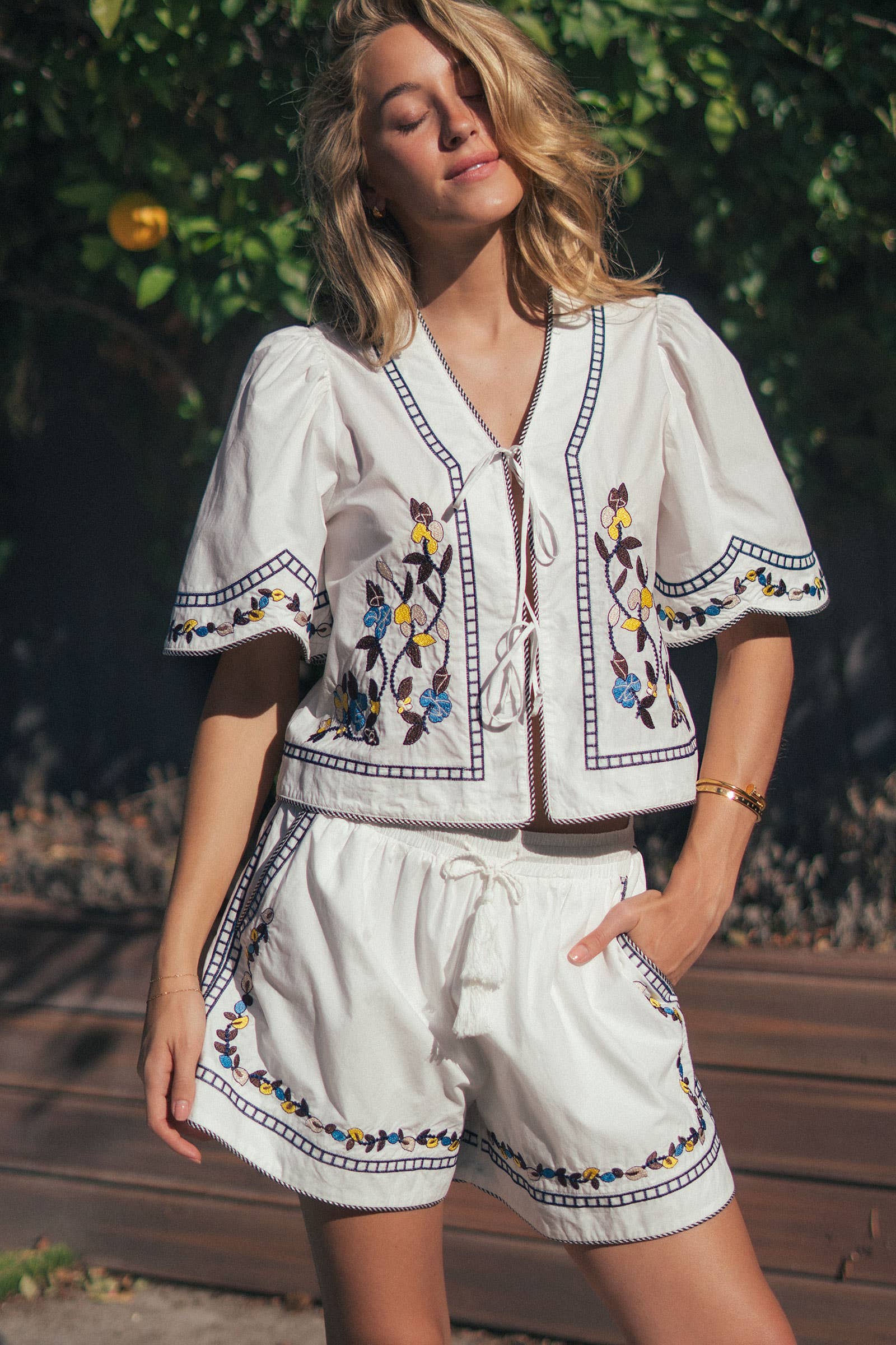 Urban Daizy Floral Embroidered Tie Front Cotton Top Navy Blouse - Women's (UDZ-TP-01014) – alternate view 9