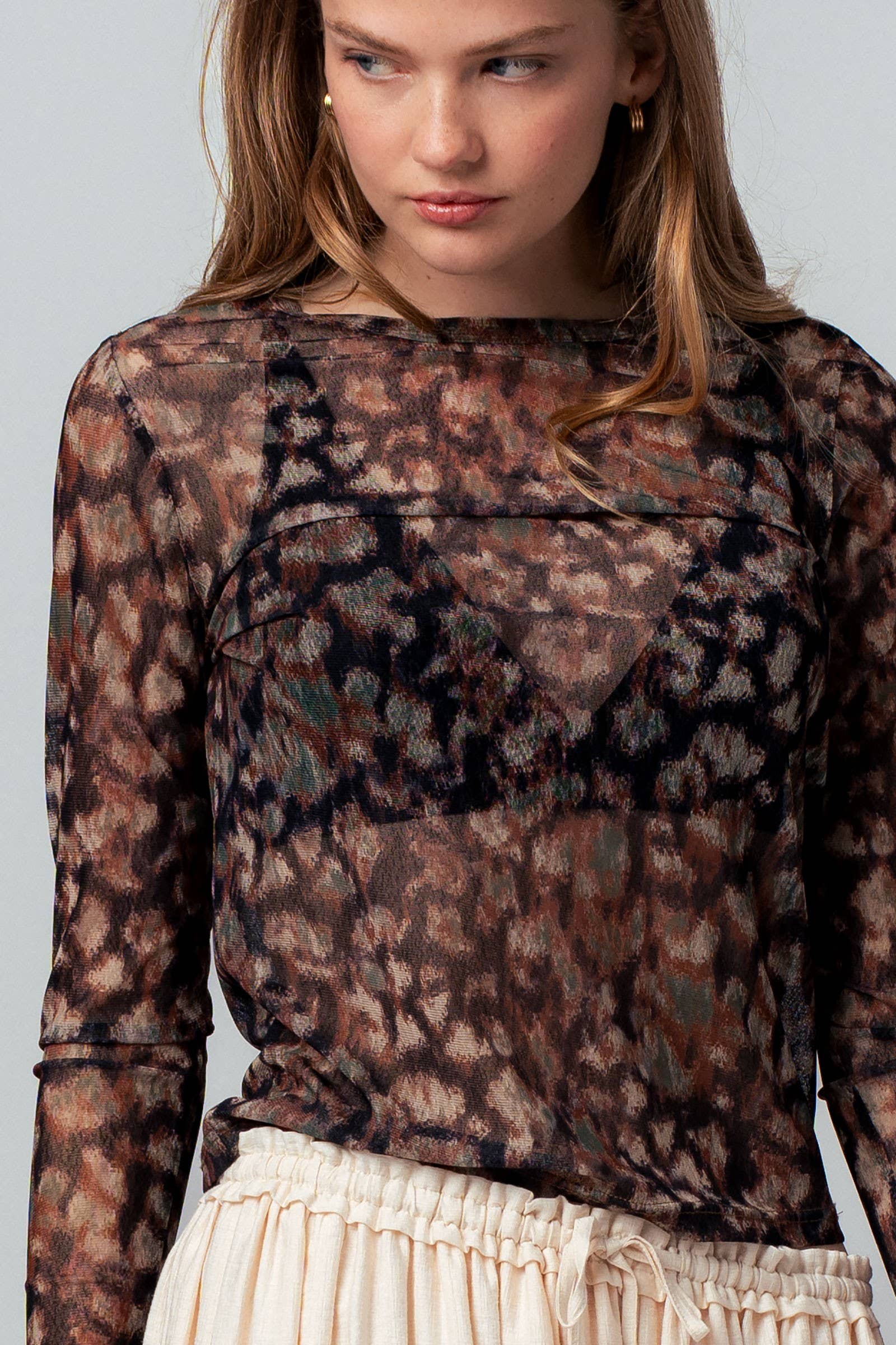 Urban Daizy Sheer Mesh Animal Print Long Sleeve Top Muliti Blouse - Women's (UDZ-TP-01044) – alternate view 2