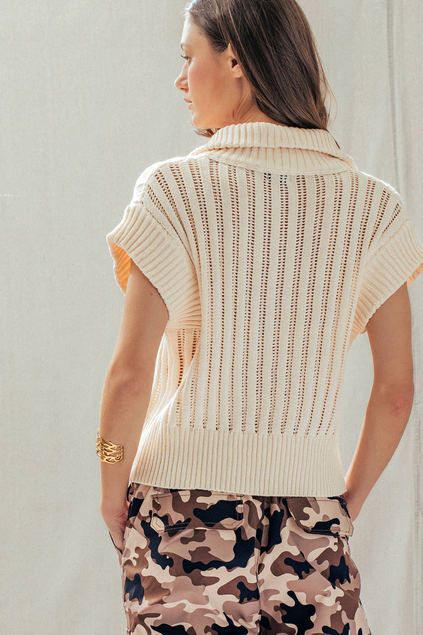 Ribbed Knit Half-Zip Mock Neck Sweater Vest