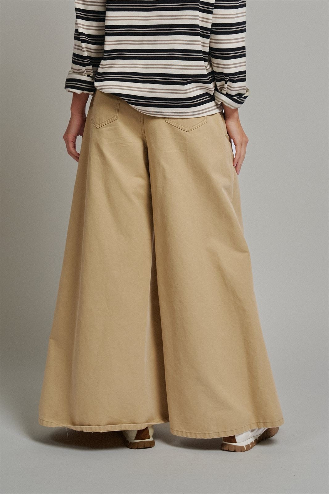 Washed Cotton Wide Leg Palazzo Pants with Woven Belt in KHAKI - Women's Casual Pants | Urban Daizy