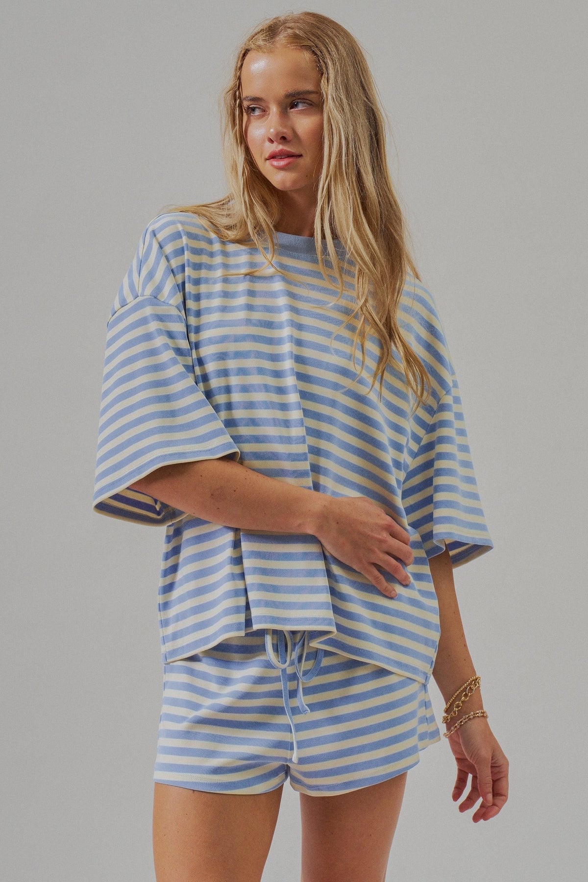 Oversized Striped Contrast Neck Boxy Tee