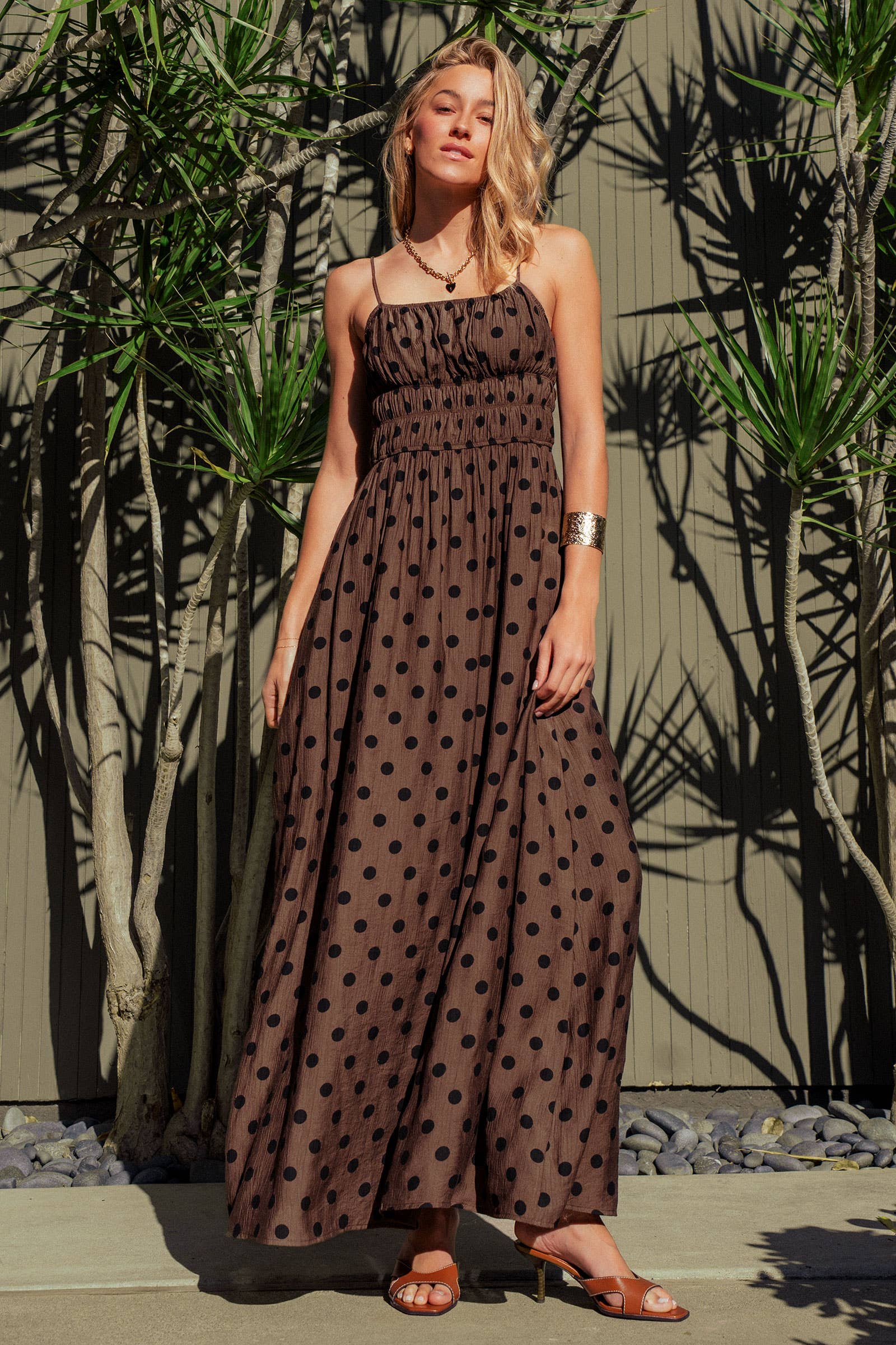 Urban Daizy Polka Dot Smocked Maxi Dress Linen Blend Brown/Black Dress - Women's (UDZ-DR-00515) – alternate view 8