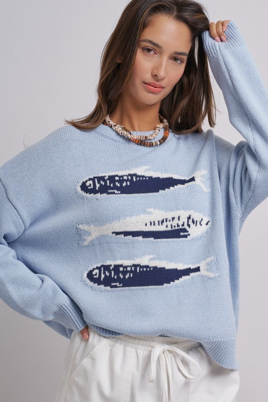 Seaside Sardine Oversized Summer Knit Sweater in BLUE - Women's Sweaters | Urban Daizy