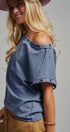Grommet Trim Washed Cotton Boat Neck Top in VINTAGE NAVY - Women's T-Shirts & Polos | Urban Daizy