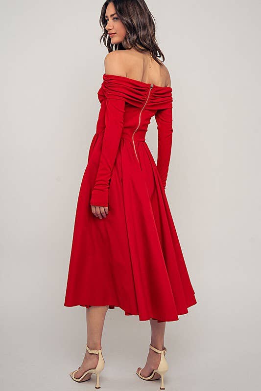 Urban Daizy Elegant Off Shoulder Ruched Long Sleeve Spring Midi Dress Red Dress - Women's (UDZ-DR-00366) – alternate view 15