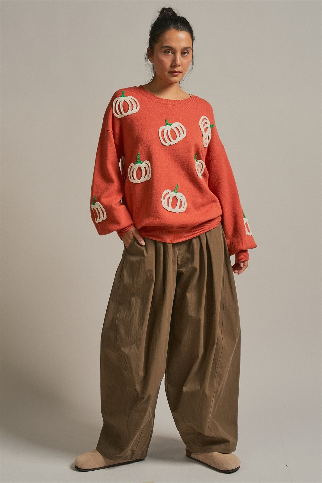 Pumpkin Embroidered Crew Neck Sweater in RUST - Women's Sweaters | Urban Daizy