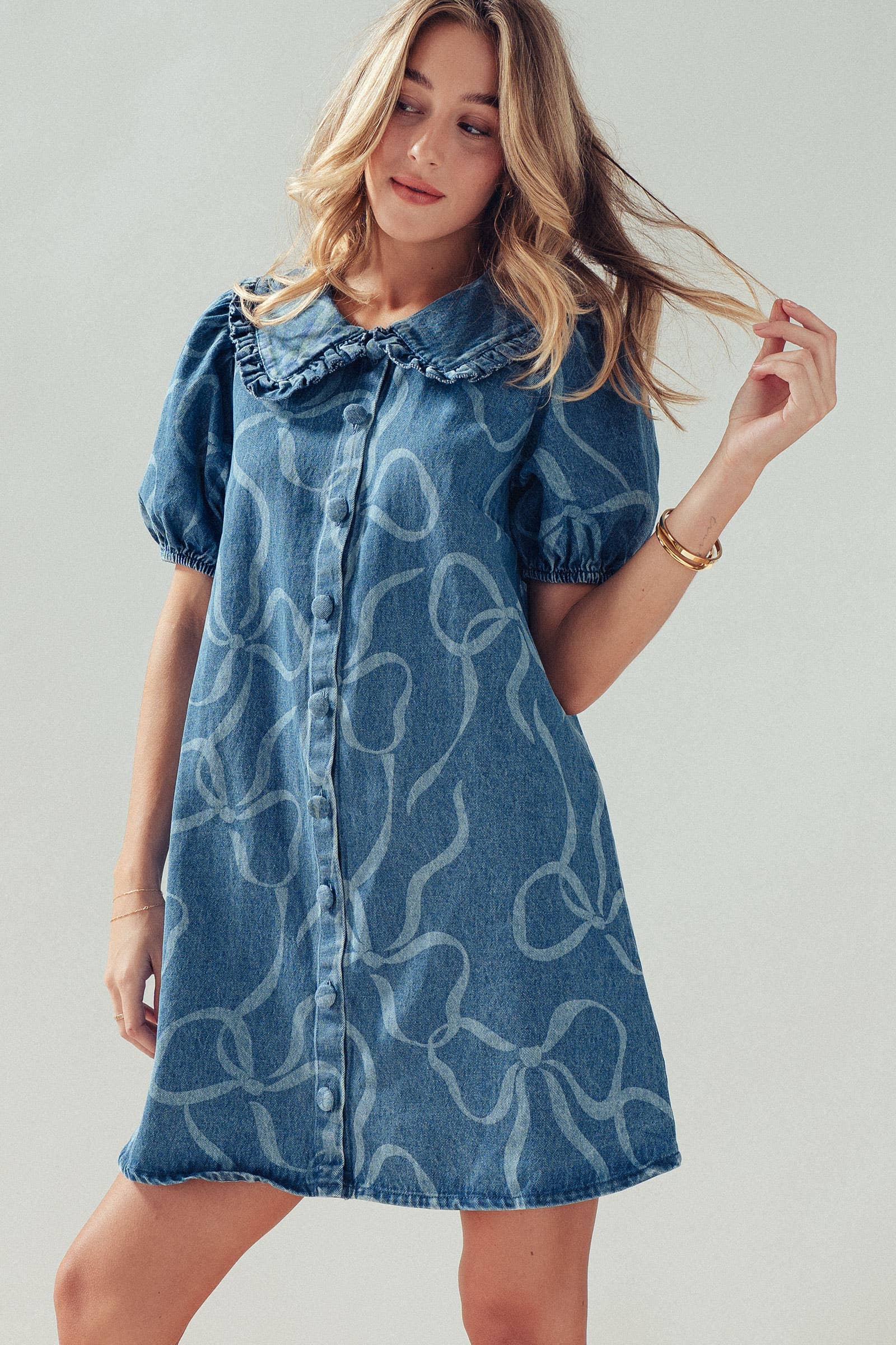 Bow Print Puff Sleeve Denim Mini Dress