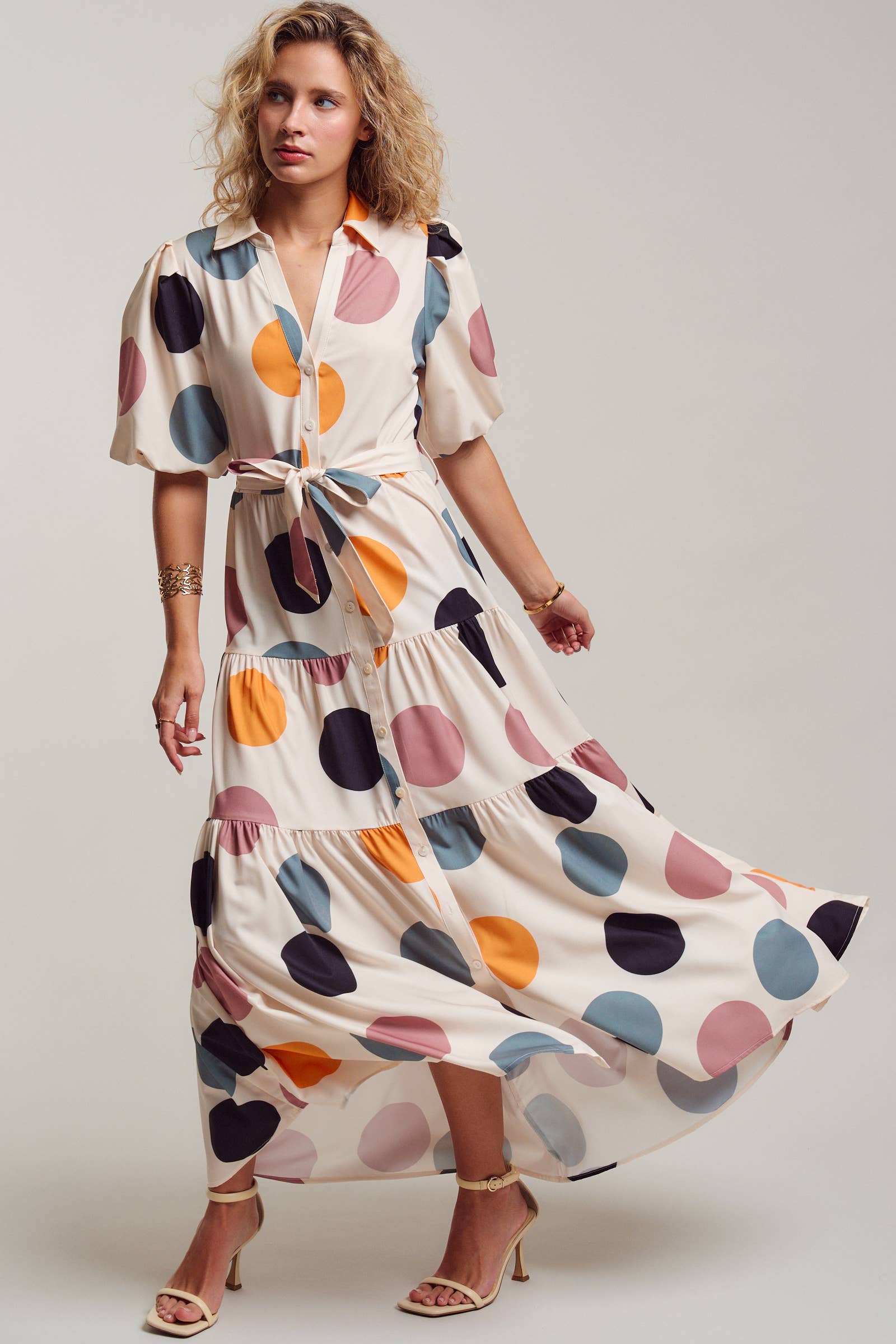 Urban Daizy Retro Polka Dot Puff Sleeve Tiered Maxi Shirt Dress Cream Dress - Women's (TNDR1630-Cream) – alternate view 3