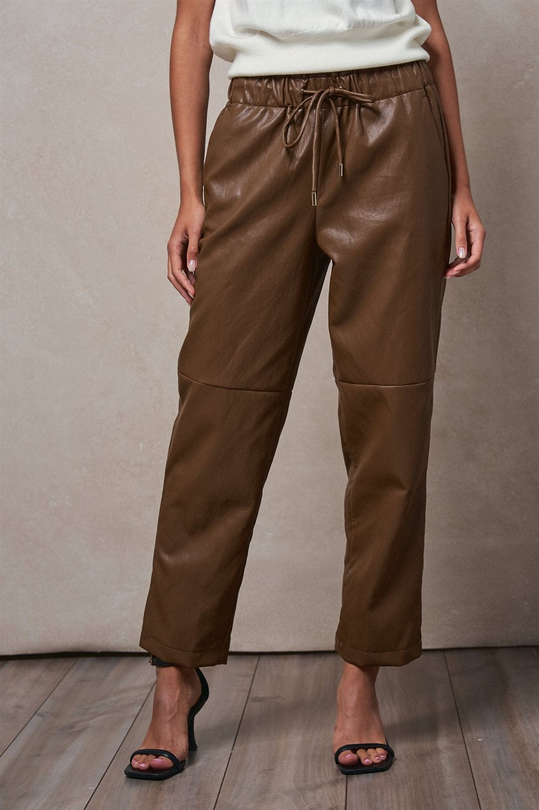 Faux Leather Drawstring Jogger Pants in BROWN - Women's Casual Pants | Urban Daizy