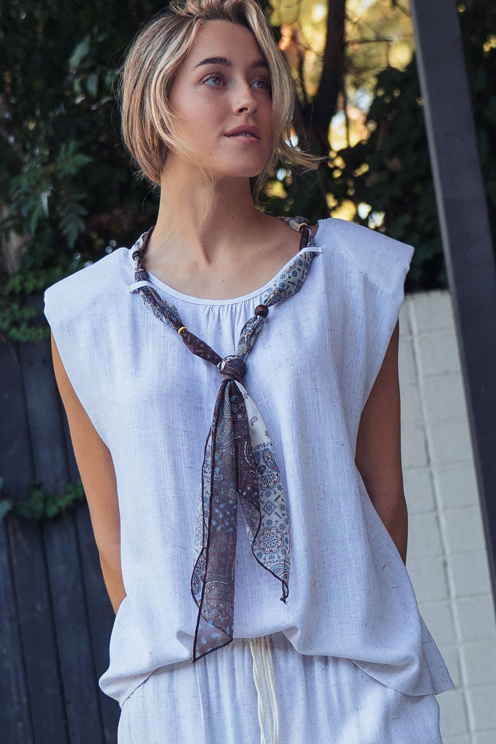 Paisley Scarf Tie Linen Blend Muscle Top