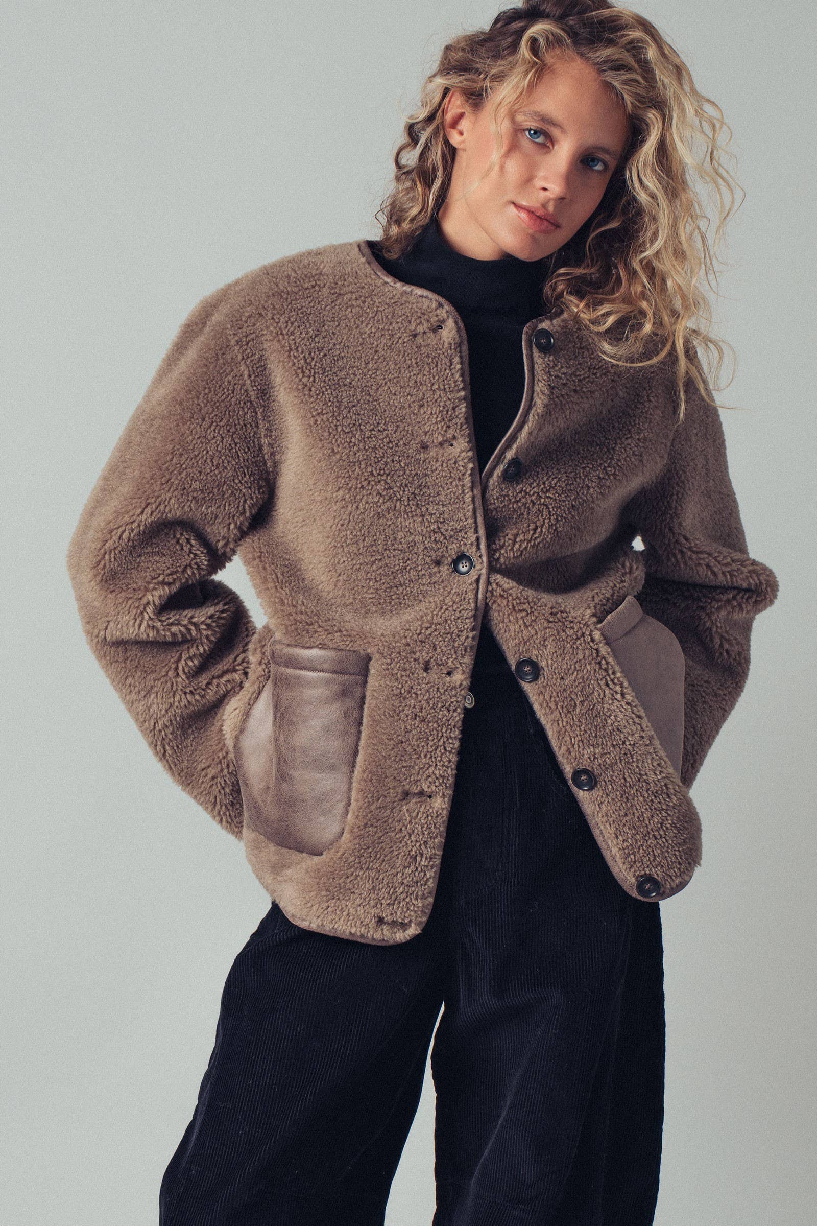 Faux Shearling Jacket with Suede Pockets