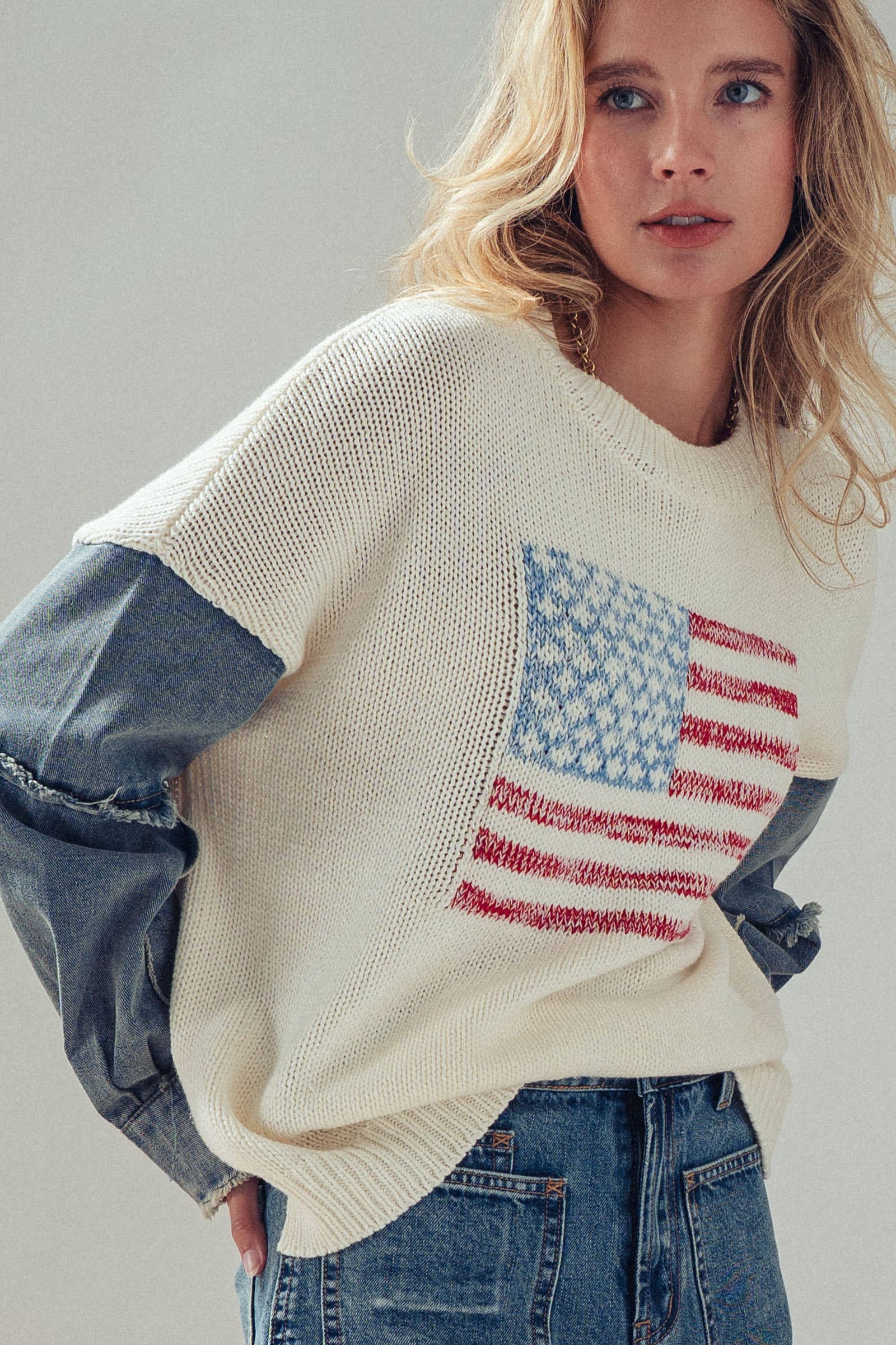American Flag Mixed Media Denim Sleeve Sweater