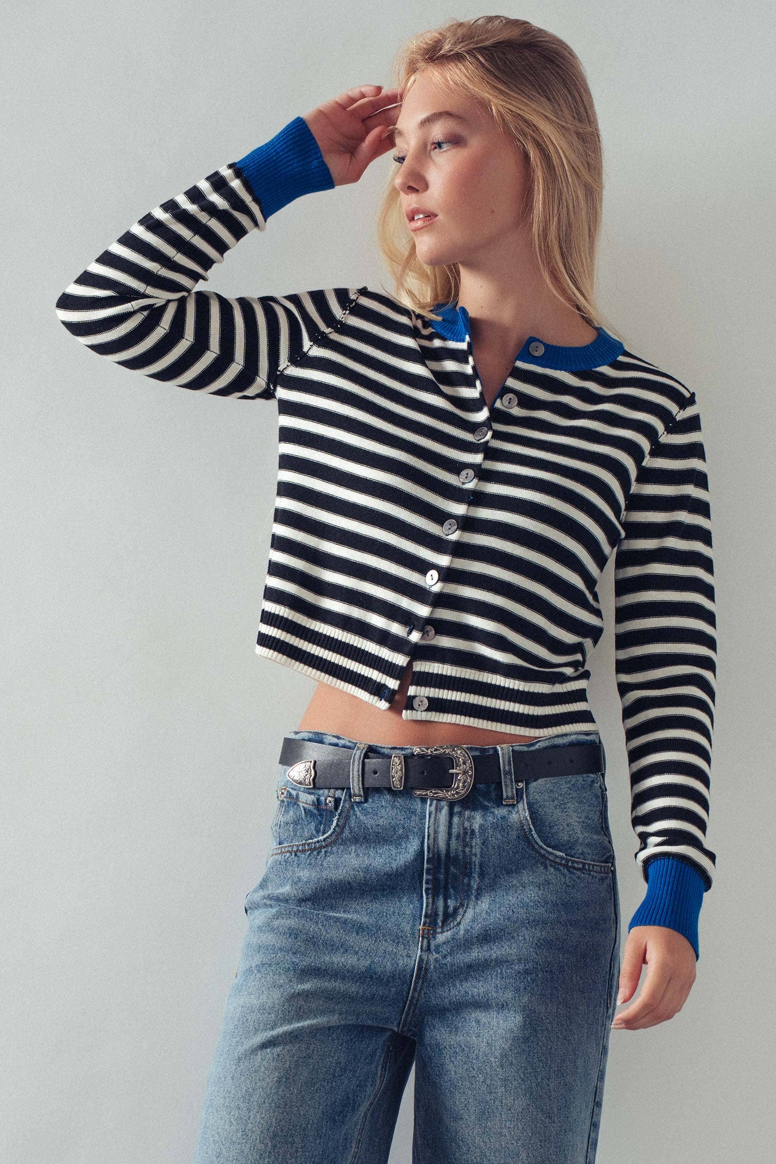 Striped Knit Cropped Button-Up Cardigan