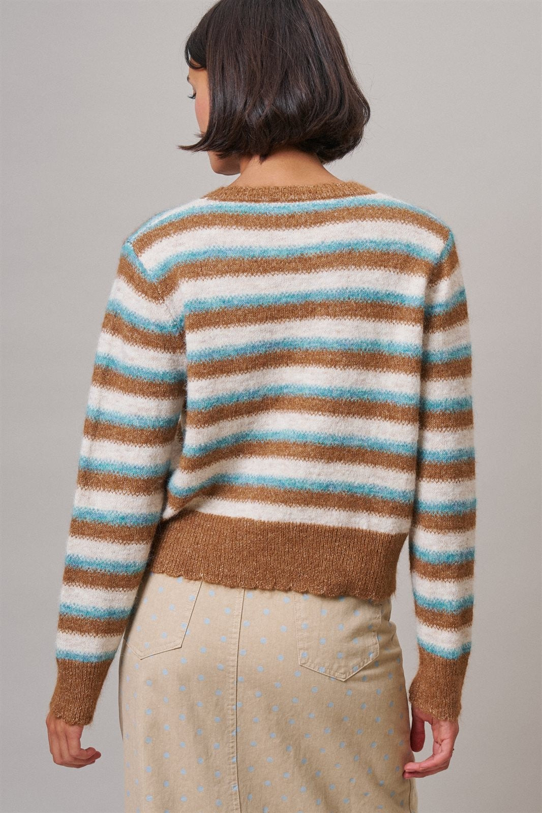 Lace Trim Striped Cardigan Coastal Grandma Preppy for Women in BROWN BLUE - Women's Cardigans & Shrugs | Urban Daizy