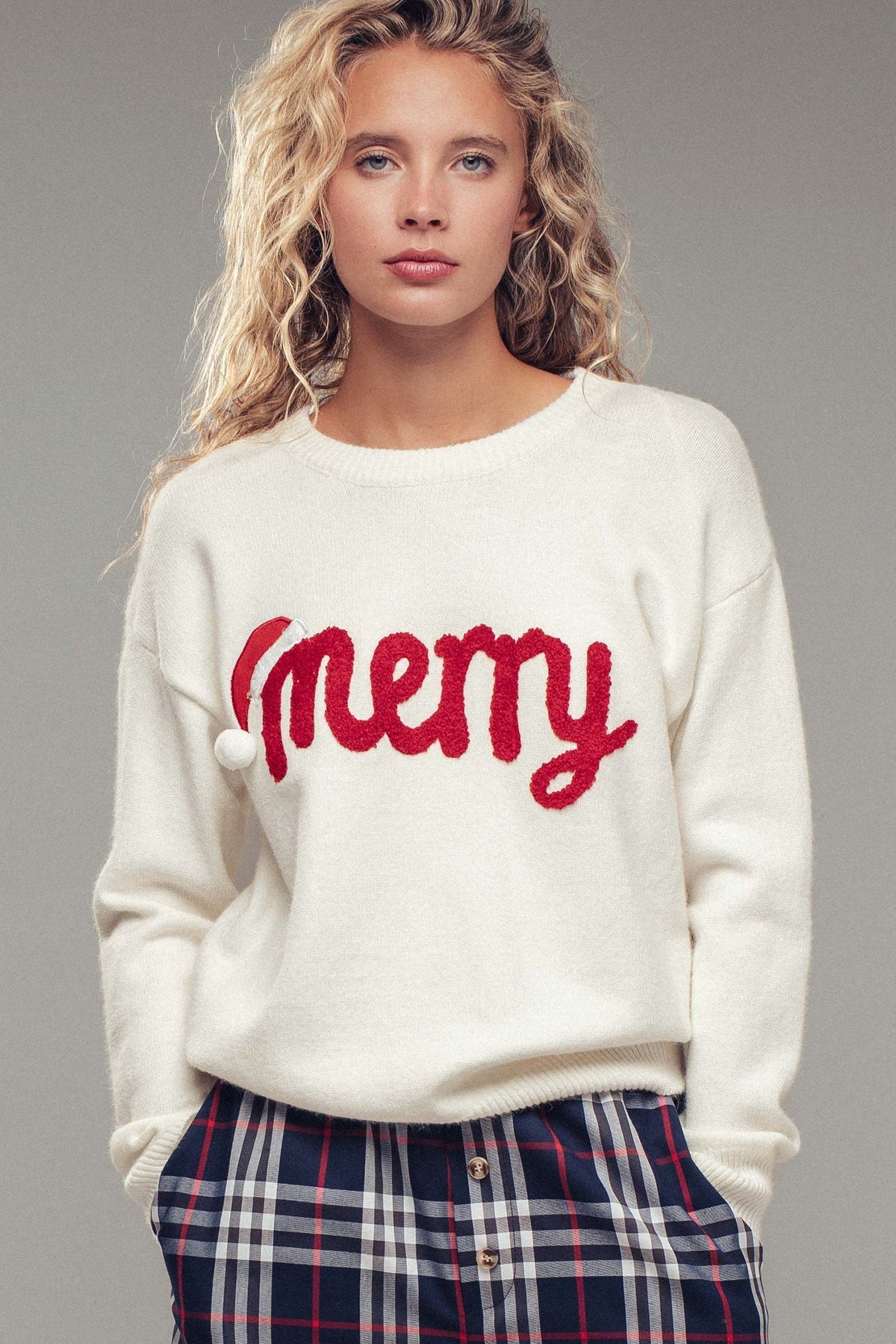 Jolly Script Embroidered Sweater in RED - Women's Sweaters | Urban Daizy