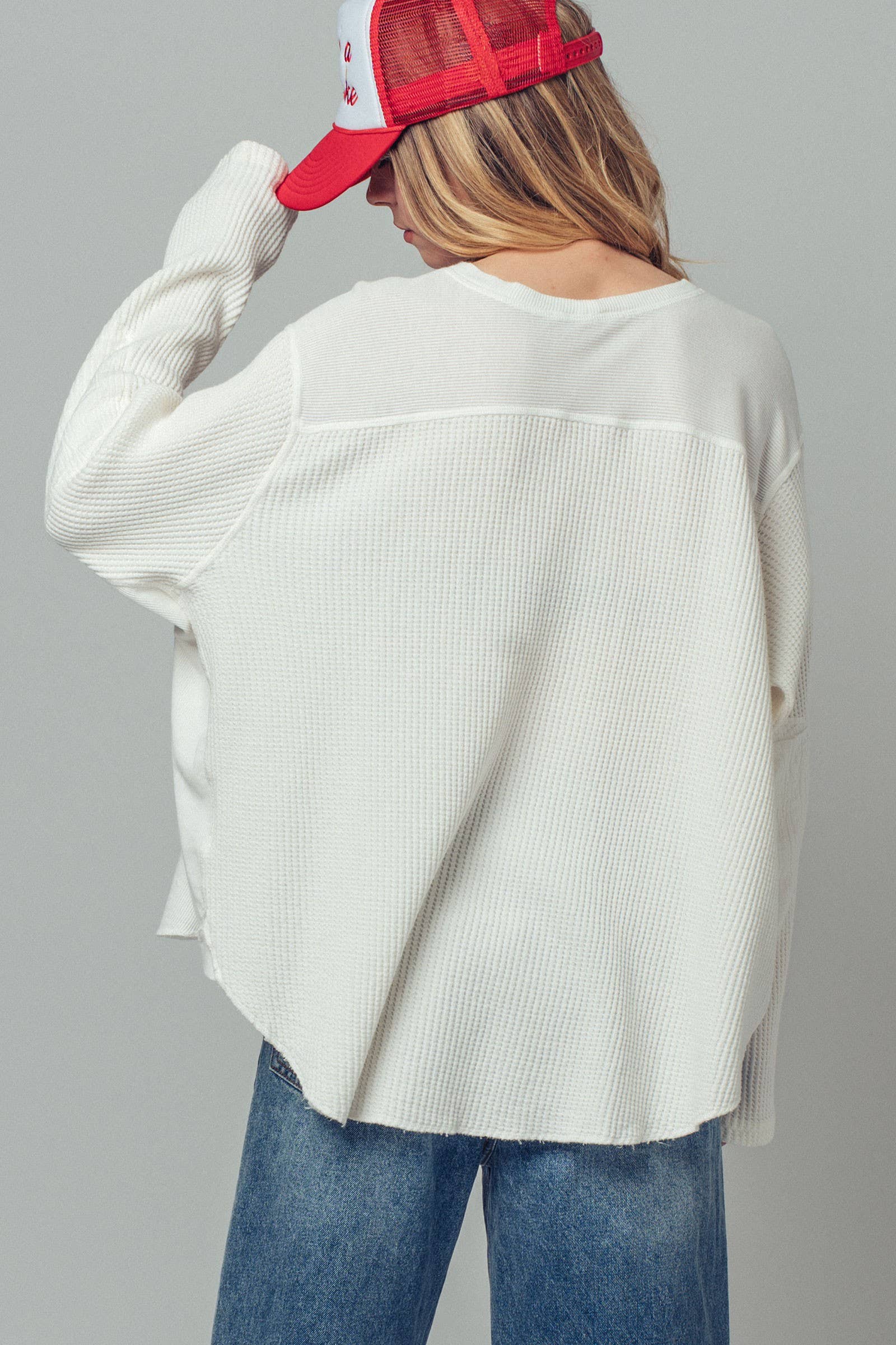 Oversized Waffle Knit High-Low Tunic Top