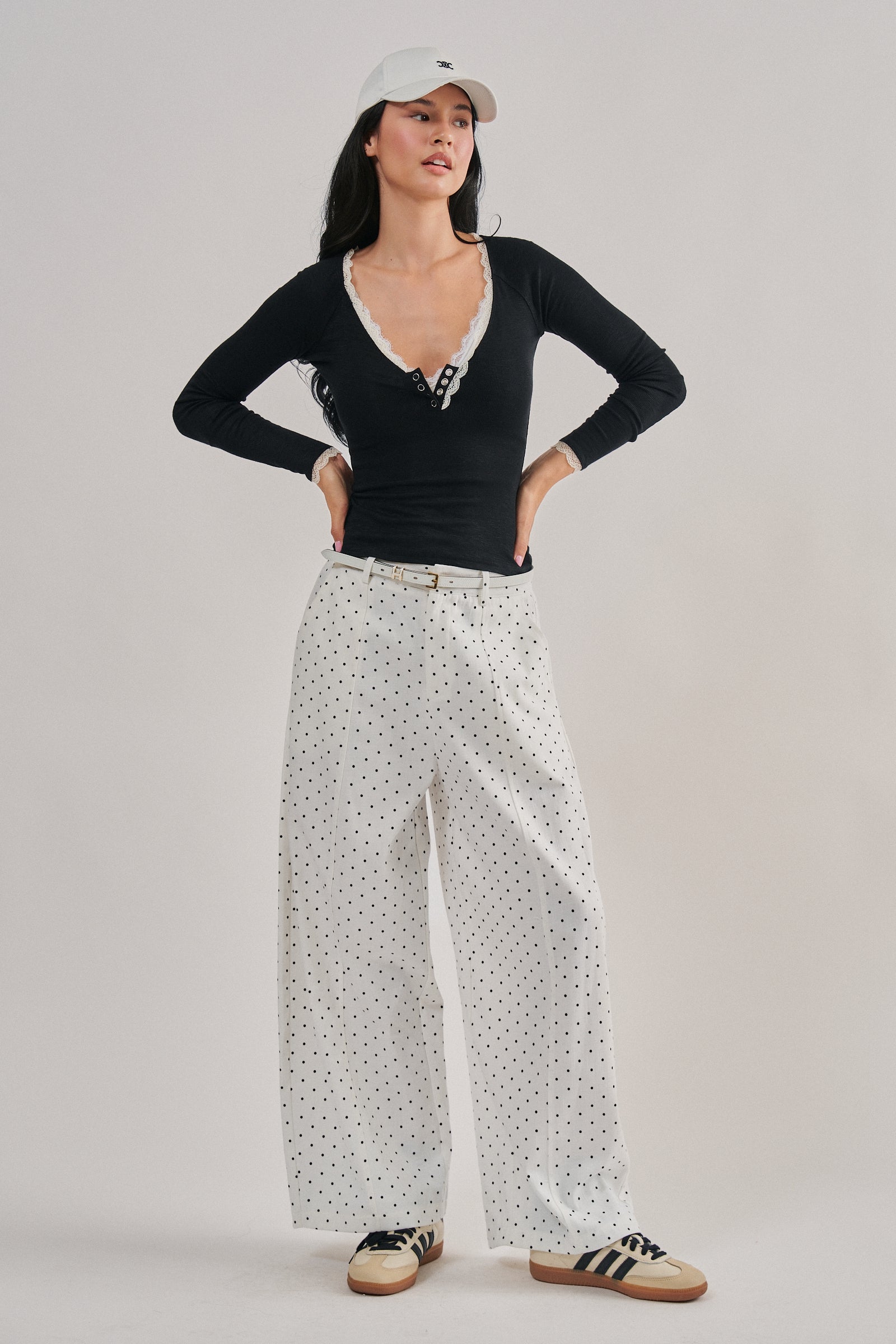 Lace Trim Slub Knit Henley Long Sleeve Top | wholesale knit top - women's | Urban Daizy