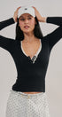 Lace Trim Slub Knit Henley Long Sleeve Top | wholesale knit top - women's | Urban Daizy