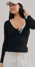 Lace Trim Slub Knit Henley Long Sleeve Top | wholesale knit top - women's | Urban Daizy