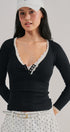 Lace Trim Slub Knit Henley Long Sleeve Top | wholesale knit top - women's | Urban Daizy