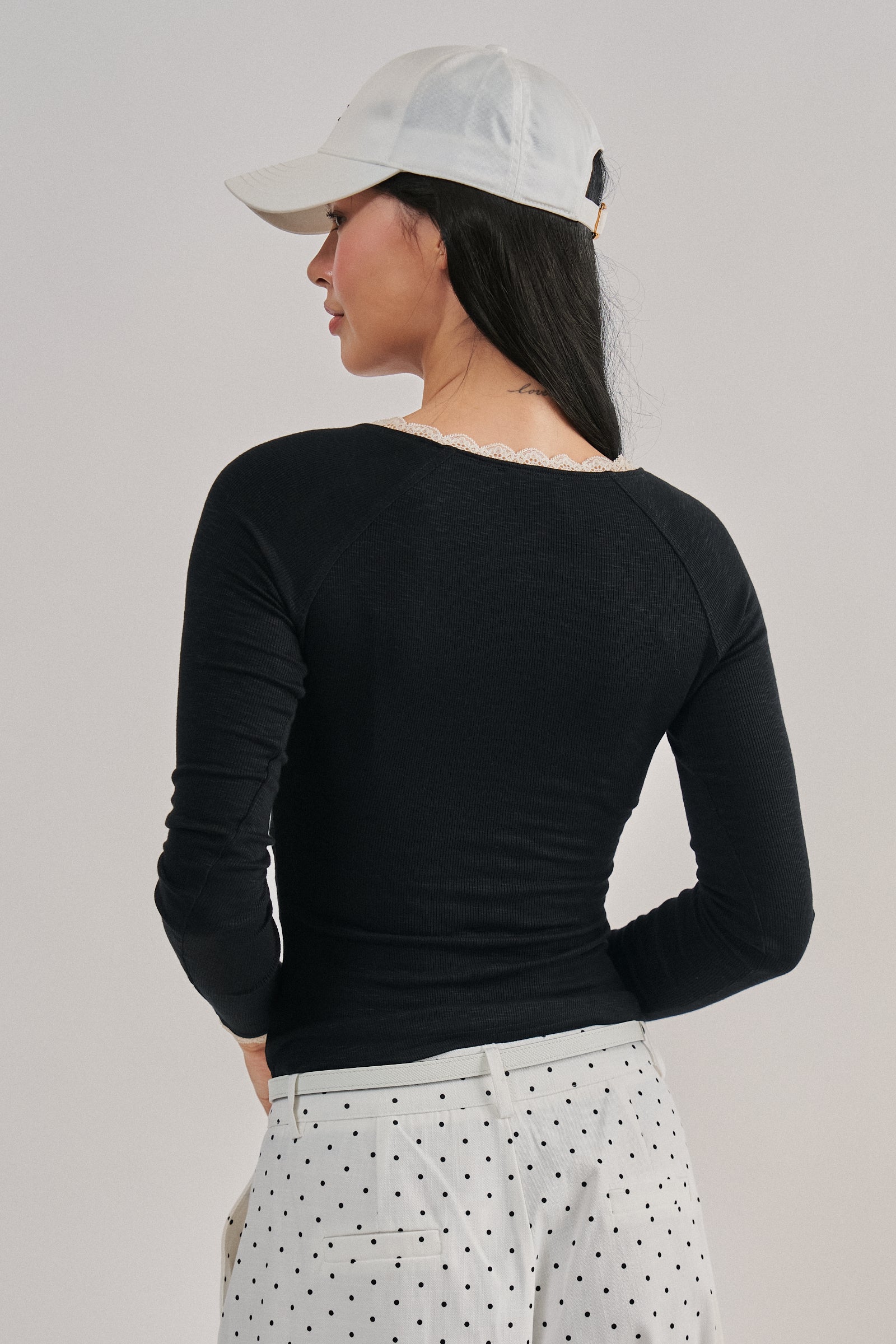 Lace Trim Slub Knit Henley Long Sleeve Top | wholesale knit top - women's | Urban Daizy