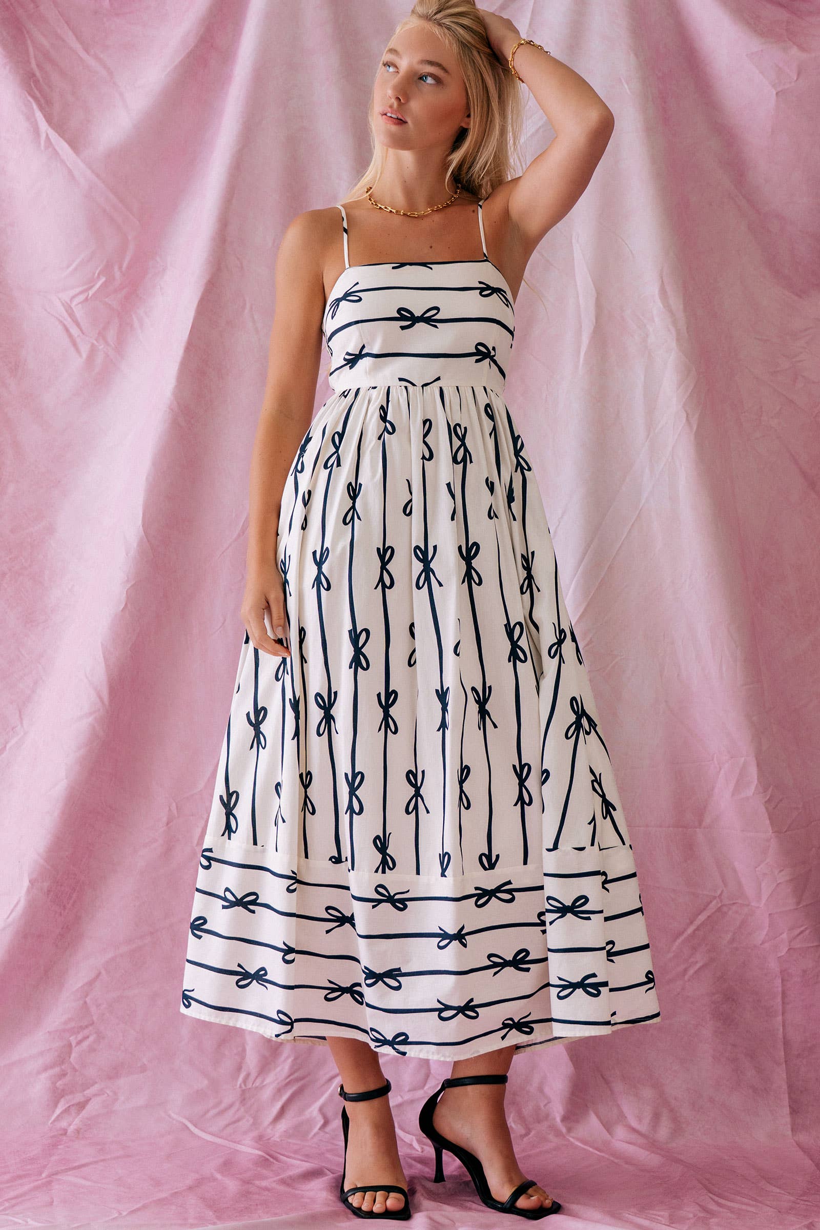 Sweet Ribbon Stripe Bow Print Smocked Back Maxi Dress