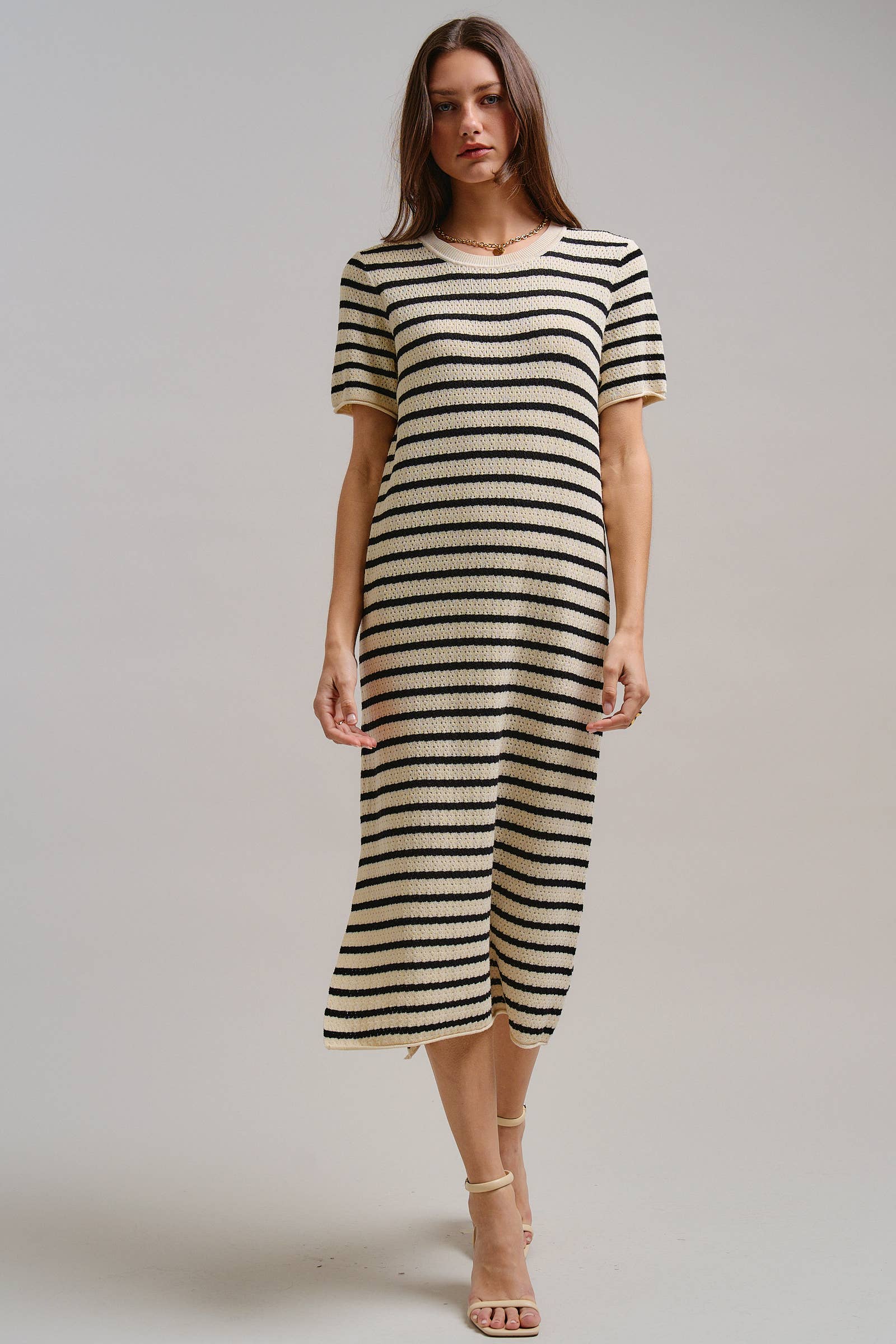 Striped Crochet Knit Short Sleeve Midi Dress