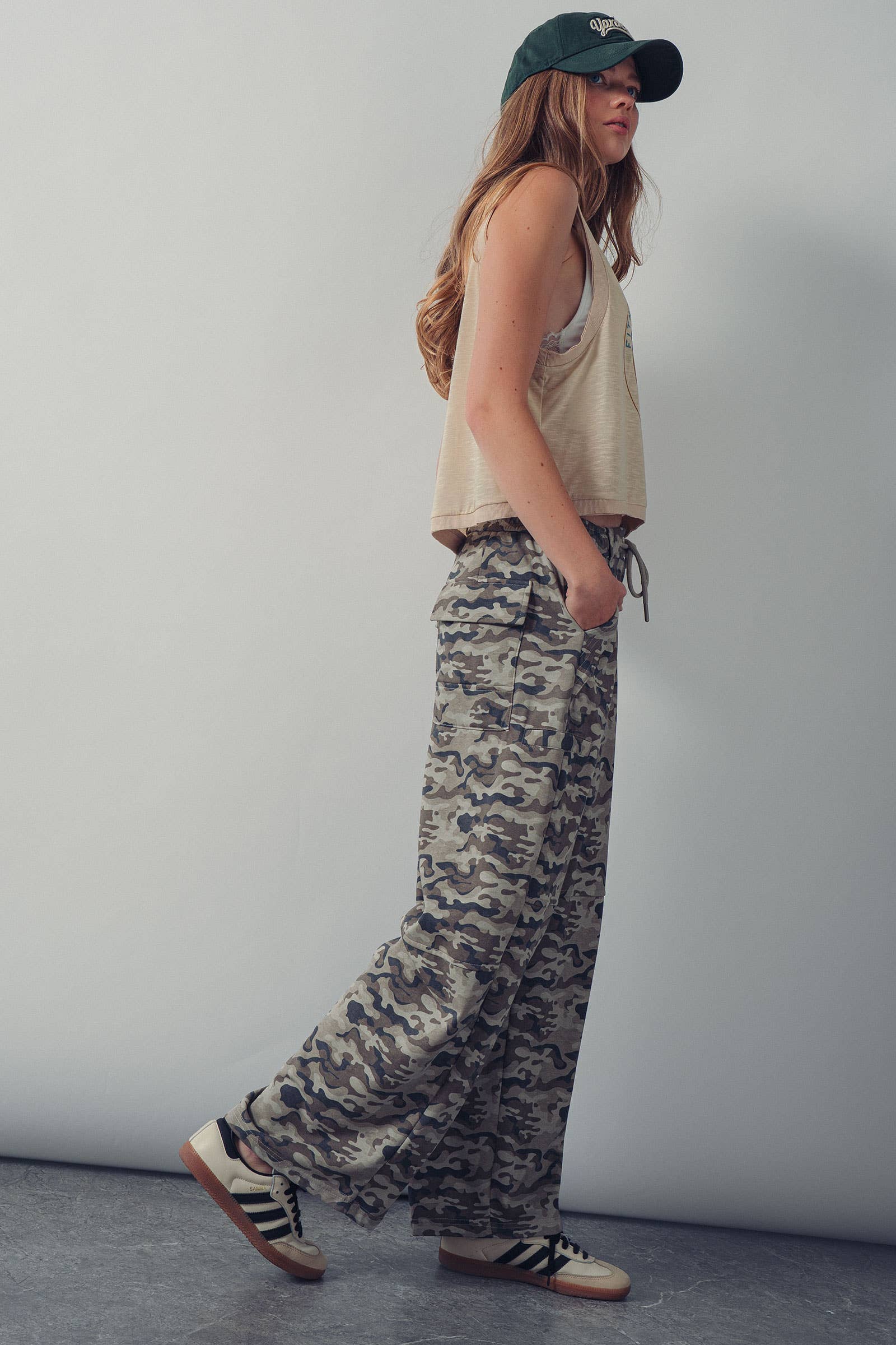 Camo Print Wide Leg Cargo Sweatpants