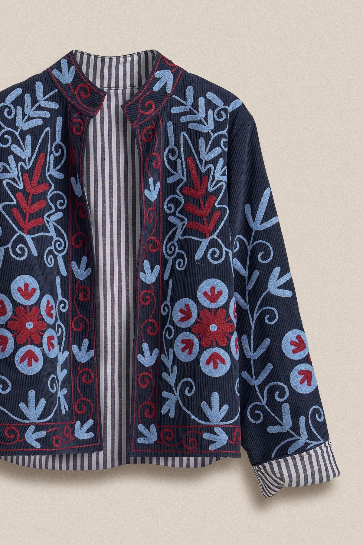 Embroidered Corduroy Jacket with Folk Floral Scroll in KHAKI - Women's Jackets & Blazers | Urban Daizy