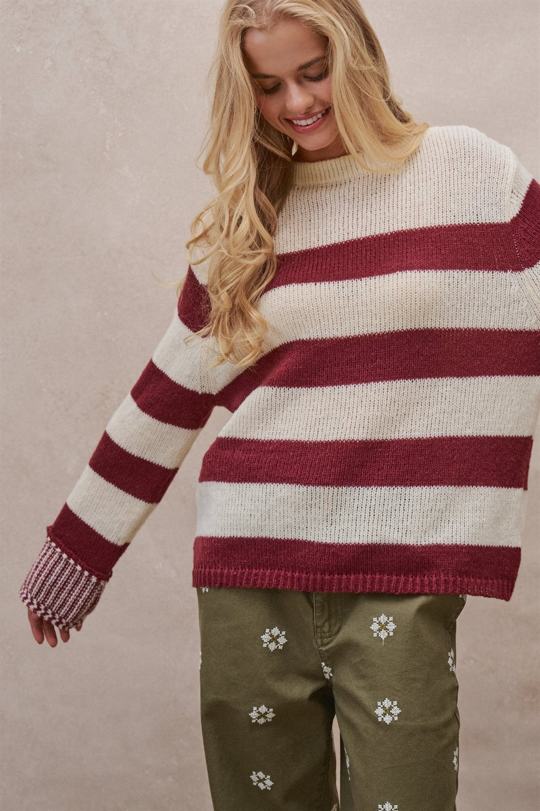 Striped Oversized Chunky Knit Sweater in BURGUNDY - Women's Sweaters | Urban Daizy