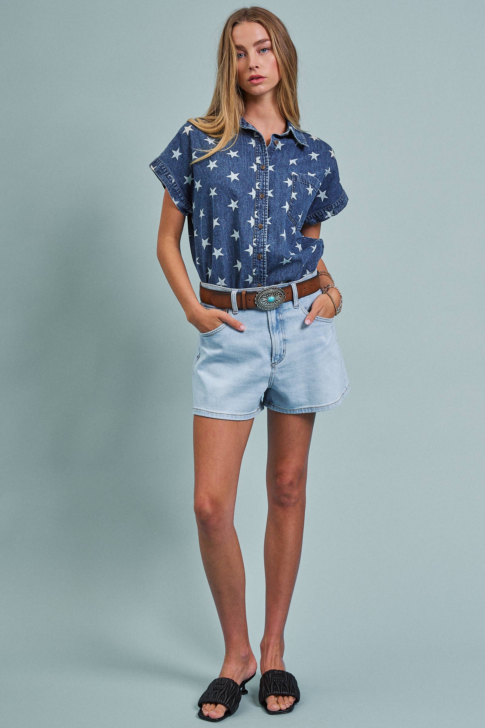 Star Print Chambray Short Sleeve Button Down