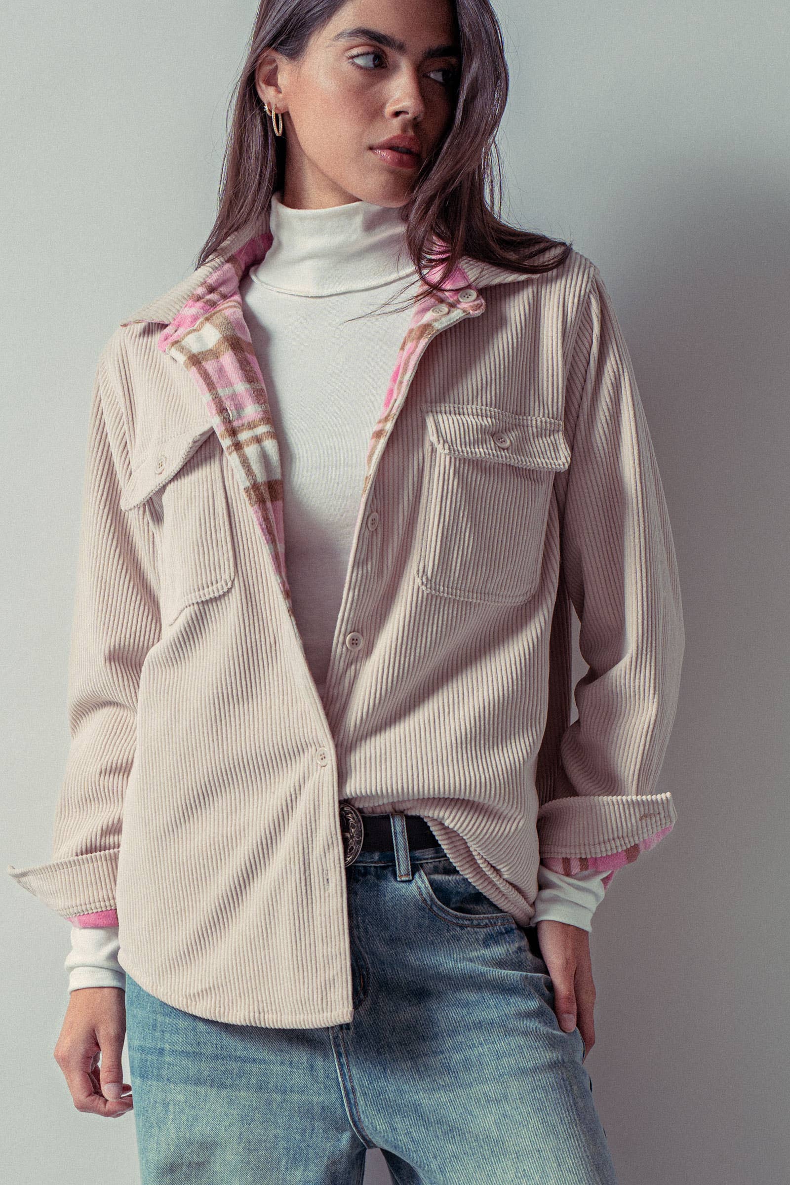 Urban Daizy Plaid Flannel-Lined Corduroy Shacket Taupe Shirt Jacket/Shacket - Women's (UDZ-KN-00150) – alternate view 23